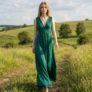 Vintage Pat Richards Emerald Green Lace Trim Maxi Dress ILGWU Union Made USA